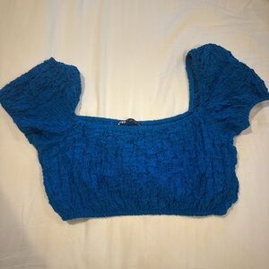 Zara Blue Ruched Ruffled Cap Sleeve Blouse